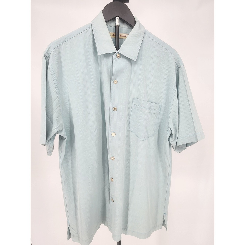 Tommy Bahama Mens Large Light Blue 100% Silk Short Sleeve Jacquard Camp Shirt